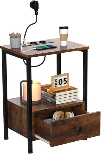 ARunThLana Mesilla de noche estrecha, mesa auxiliar con compartimentos abiertos y cajón, con múltiples enchufes, para sala de estar, dormitorio (marrón, 40 x 30 x 60 cm)