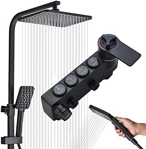 𝐌𝐎𝐒𝐒𝐎𝐍 𝐎𝐮𝐭𝐝𝐨𝐨𝐫 𝐒𝐡𝐨𝐰𝐞𝐫 𝐅𝐢𝐱𝐭𝐮𝐫𝐞𝐬 Matte Black Shower System Thermostatic with Tub Spout,Shower Head,3 Functions Hand Sprayer,Bidet and Shelf Rain Shower System Kit