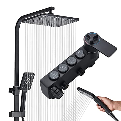 𝐌𝐎𝐒𝐒𝐎𝐍 𝐎𝐮𝐭𝐝𝐨𝐨𝐫 𝐒𝐡𝐨𝐰𝐞𝐫 𝐅𝐢𝐱𝐭𝐮𝐫𝐞𝐬 Matte Black Shower System Thermostatic With Tub Spout,Shower Head,3 Functions Hand Sprayer,Bidet And Shelf Rain Shower System Kit #TOP12
