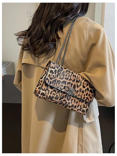 Image of RoseSeek Women's Leopard Print Chain Shoulder Bag Metal Buckle Handbags Leather Clutch Purse