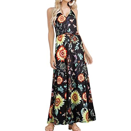 HUSKARY Womens Summer Sleeveless V Neck Spaghetti Strap Pockets Beach Boho Vacation Casual Spring Maxi Dress