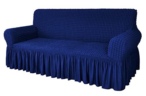 Image of House of Quirk Turkish Bubble Frill 280 GSM Sofa Slipcovers, Durable Washable Universal Triple Seater High Elastic Furniture Protector (Navy, 185-230cm)