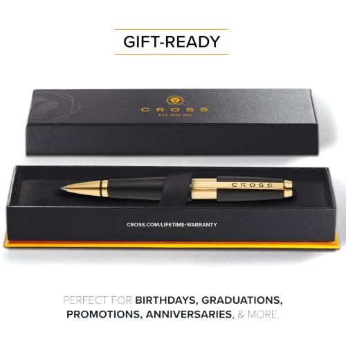 Image of Cross Edge Matte Black Lacquer Rollerball Pen with Gold PVD Appointments - Refillable, Luxury Gift Box