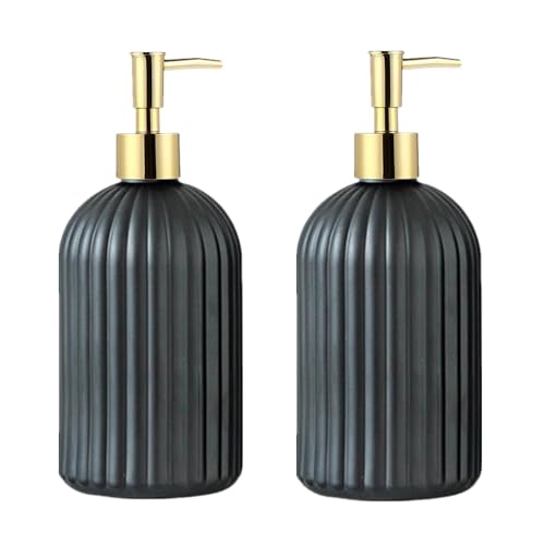 Image of TRIXES 2-Pack Soap Pump Bottles Black with Gold - Refillable Soap and Lotion Dispensers - 400ML, Ribbed Matte Black Finish