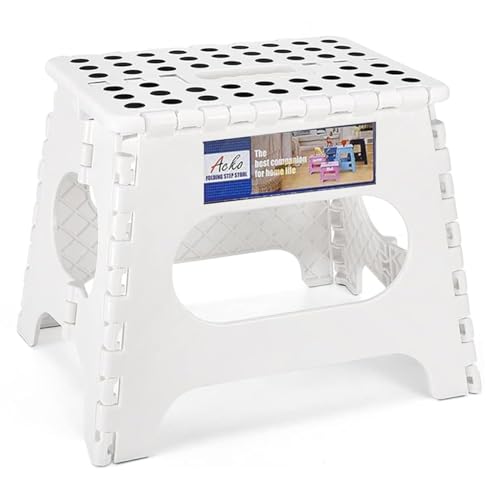 Image of ACKO 11 Inch Folding Step Stool, Non-Slip Foldable Step Stools up to 300lbs for Kids and Adults, Portable Lightweight Collapsible Stool with Handle, for Kitchen Bathroom, White