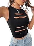 LovelyWholesale Women Sexy Cut Out Crop Tank Tops Crew Neck Summer Sleeveless Top Black Large