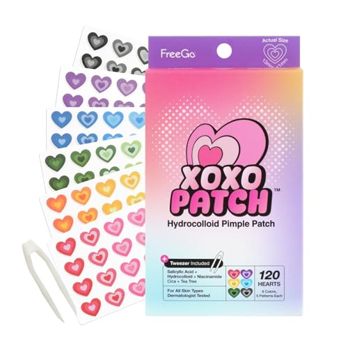 FreeGo XOXO Hydrocolloid Pimple Patch, 120 Counts | Cute Colorful Heart Shape | Salicylic Acid, Niacinamide, CICA, Tea Tree | Absorb, Heal Pimple and Protect Skin | Made in Korea