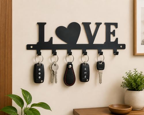 Image of Ventuos Metal Wall Mounted Key Holder with 6 Hooks, Love Design, Key Organizer for Home Office Bedroom Entryway
