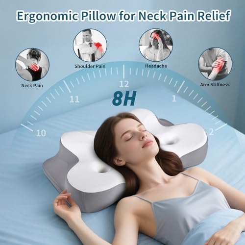 Cervical Neck Pillow for Pain Relief- Ergonomic Memory Foam Pillows for Sleeping, Dual Ear Relief Zone Contour Pillow, Neck Support Pillows for Side Back &Stomach Sleeper (White)