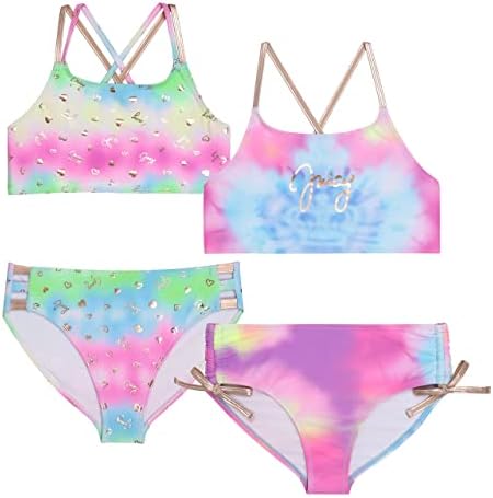 Juicy Couture Girls 4 Pack Two Piece Bikini Swimsuit Set, Kids Bathing Suit Swimwear Bikinis, Rainbow Tie Dye, Size 10