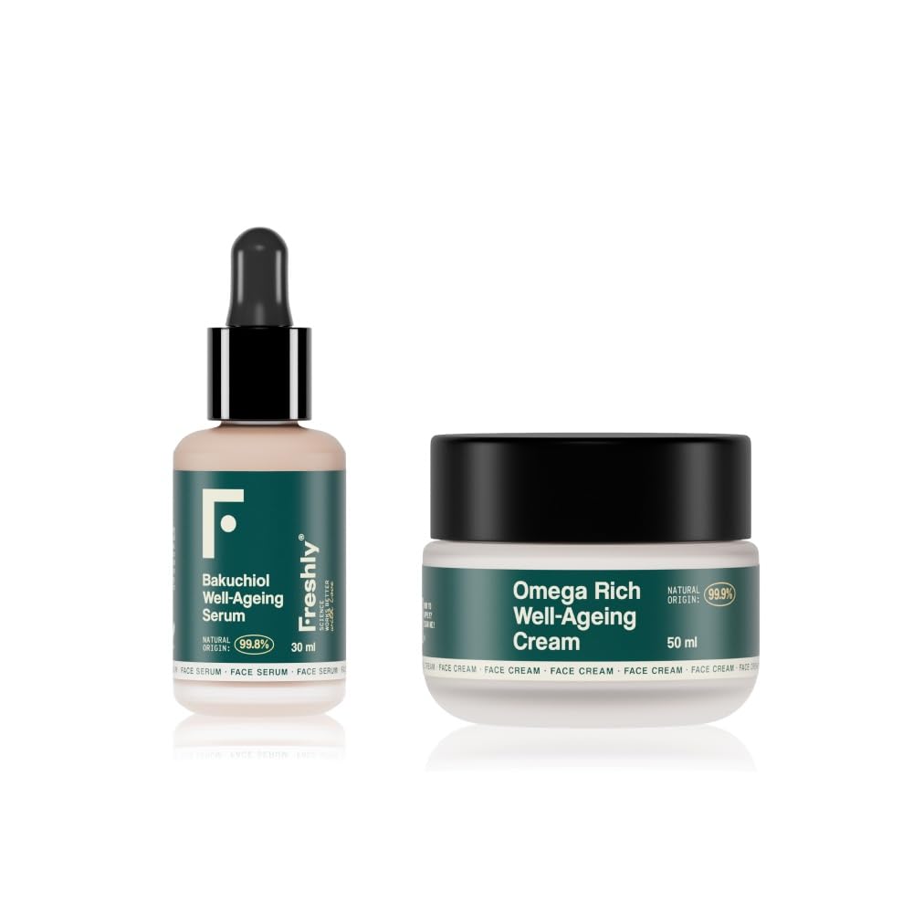 Freshly Cosmetics Bakuchiol Gesichtsserum und Omega Rich Gesichtscreme für Falten, feine Linien und reife Haut zusammen in Bye Bye Falten, 50 ml