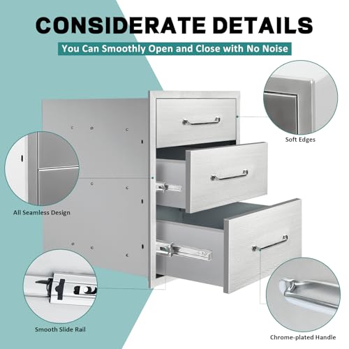 Image of Outdoor Kitchen Drawers 18 inch W x 23 inch H x 21 inch D Stainless Steel Drawer BBQ Triple Drawers with Chrome Handle for Outdoor Kitchen Island, Patio Grill Station