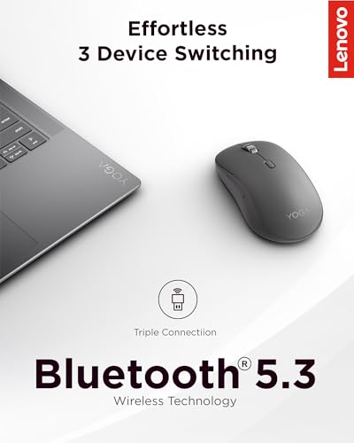 Image of Lenovo Yoga Bluetooth Silent Mouse, 3 Level DPI Adjustment, 36 Month Battery Life, Bluetooth 5.3, 3 Device Paring, Whisper Quiet, Programmable Buttons, Smooth Finish, Luna Grey