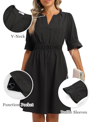 Image of Loemes Womens Casual Work Drop Waist Sunresses Business V Neck Midi Ruffle Sleeve Solid Color Flowy Summer Dress with Pockets