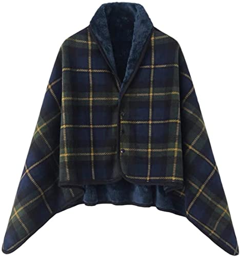 WINKEEY Femme Poncho Polaire Plaid Châle Polaire Cape Chaud d'hiver avec Boutons Couverture à Carreaux, Vert