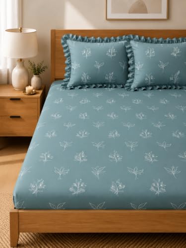 Image of King Size Fitted Bedsheet for Double Bed | 300 TC Cotton Feel Microfiber | All Around Elastic with 2 Frill Pillow Covers | Soft & Durable | (Design3, Fitted - Double72x72)
