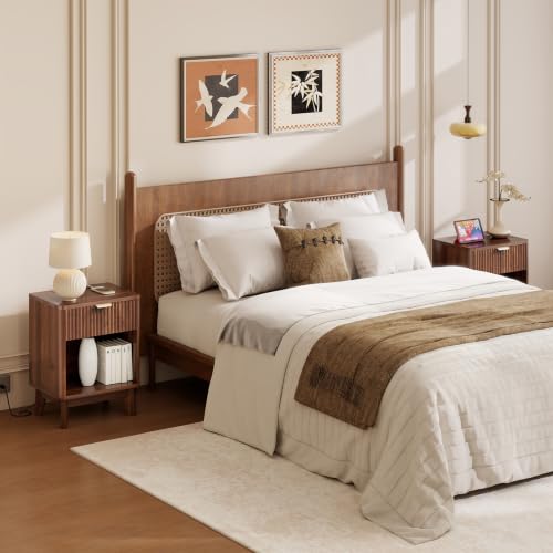 Image of LYNCOHOME 17.7 inch Tall Nightstand with Charging Station,Set of 2, Walnut