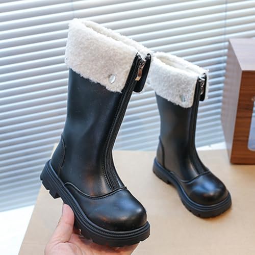 Front Zipper Girls Fleece Fur Lined Cowboy Boots Mid Calf Chunky Low Heel Winter Snowday Motorcycle Biker Boots4