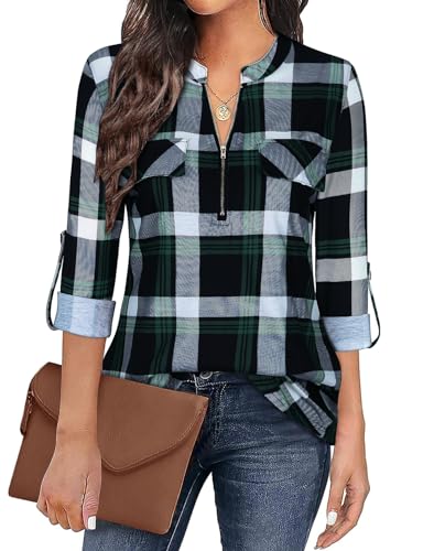 Image of Gemulate Womens Zip Up Plaid Tunic Blouse Long 3/4 Roll Sleeve Polo Top TunicTops Women Floral Printed Shirts Plaid Green 1-XXL