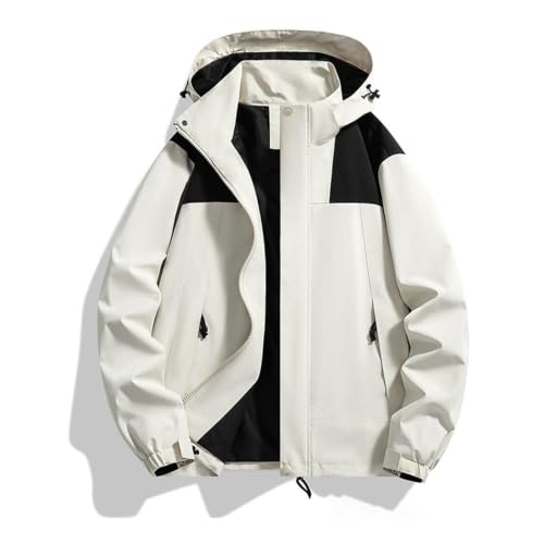 Image of Color Block Waterproof Hooded For Men Rain Shell Jacket Windproof Coat With Adjustable Drawcord Hood & Velcro Cuffs Packable Zip Up Hiking Camping And Fishing Outdoor Activities White M
