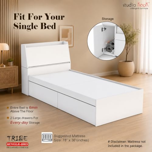 Image of Studio Kook Tribe Left Single Bed with Headboard Storage & 2 Drawers | Engineered Wood Bed | Fits 78 x 36 inch Mattress | Moonshine White | Mattress Not Included