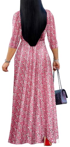Image of Women's Floral Maxi Dress Summer Casual V-Neck 3 /4 Sleeve Long Bohemian Print Evening Party Dress