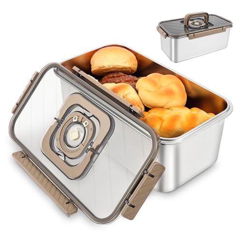 Bread Box for Kitchen Countertop, Stainless Steel Airtight Bread Storage Container for Homemade Loaf, Time Recording Toast Keeper for Bun Bagel Sandwich