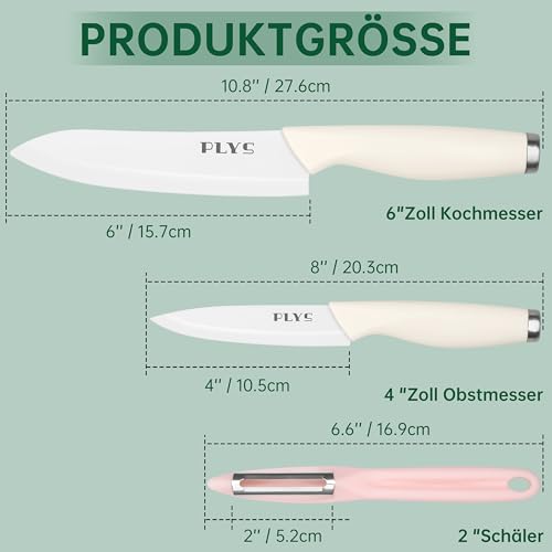 Plys Keramikmesser Set Keramik Messer Küche: Scharf 2er Pack Messerset 15.5cm Kochemesser, 10.7cm Obstmesser Geschenk für Mama (Weißem Griff)