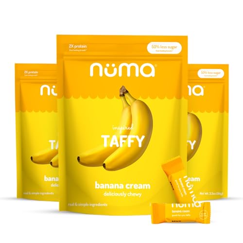 Numa Foods Banana Taffy Candy, Made with Real &amp; Simple Ingredients Low Sugar, High Protein, Low Calorie, All Natural &amp; Gluten Free Banana Cream Taffy - 3 Bags with 10 Individually Wrapped Chews Each