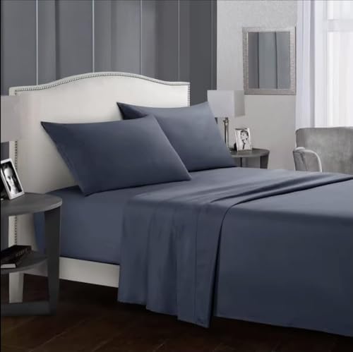 King Size 4-Piece Microfiber Bed Sheet Set – 100% Polyester, Deep Pocket Fitted Sheet (14”), Flat Sheet & 2 Envelope Pillowcases, Soft Wrinkle-Free Bedding, White (Blue, King (U.S. Standard))