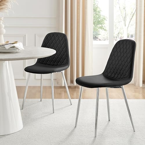 Image of Furniturebox UK Corona Dining Chairs Set of 2 Contemporary & Luxurious Diamond Stitched Dining Seats - Soft & Comfortable - Black Faux Leather & Silver Chrome Metal Legs (Set of 2)