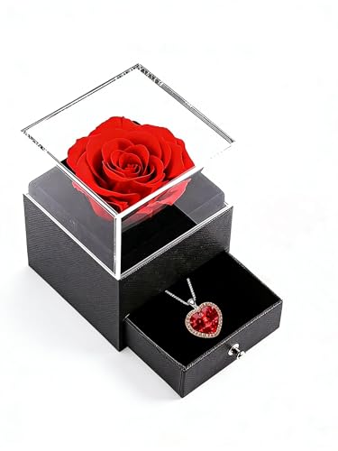 xuehaostore Collar con rosa preservada, un regalo con rosa preservada para mujeres, regalo de joyería para mujeres, regalo de cumpleaños/San Valentín (Plateado Rojo)