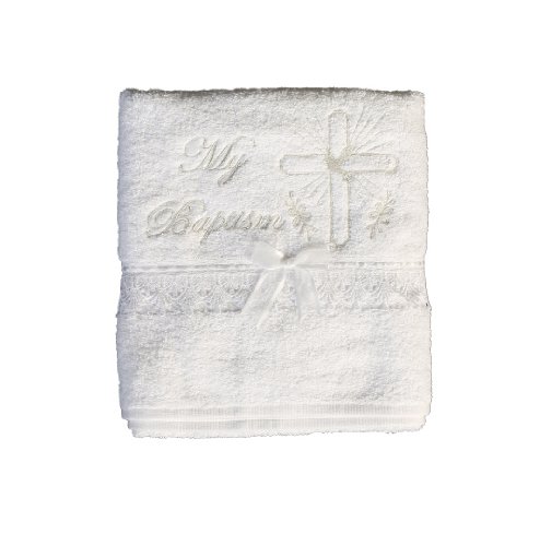 Christening Towel with Embroidered Cross and Lace Trim Baptism - English White