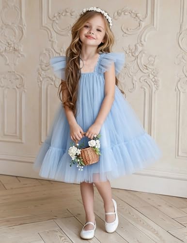 Image of Arshiner Toddler Tulle Dress for Girls Layered Tutu Ruffle Dresses Swing Twirly Fairy Summer Birthday Party Wedding Sundress