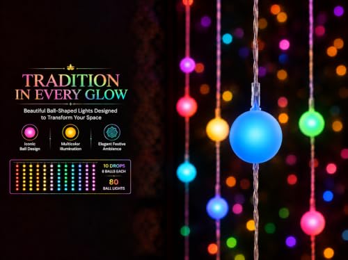 Image of Gesto Ball Curtain Fairy Lights for Decoration - 80 Led String Lights with 8 Modes Changer | Multicolor Decorative Lights for Home Decor, Room,Wall, Balcony, Christmas & Diwali Decoration- 10x3 Ft
