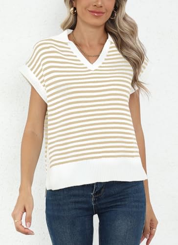 Image of Summer Sweater Vest for Women Knit Sleeveless Striped Johnny Collar Pullover Tank Tops V Neck Cap Sleeve Blouse