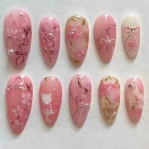 30Pcs Pink Flower Press on Nails Medium Almond Fake Nails Gilding Peach Blossom with Gems Design 3D Pearl Bow False Nails Cute Cat Stick on Nails Handmade Full Cover Artificial Glue on Nails for Women