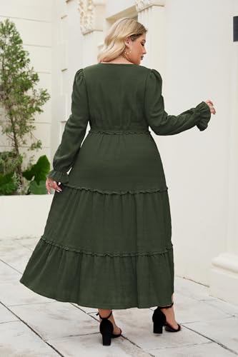 Hanna Nikole Womens Plus Size Fall Long Sleeve Maxi Dress Crewneck Smocked Tiered Ruffle Flowy Long Dresses with Pockets2