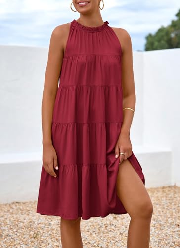 Okiwam Womens Summer Halter Dresses Sleeveless A Line Tiered Swing Mini 2025 Fall Casual Boho Beach Vacation Sundress