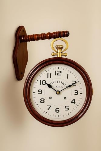 Image of Double-Sided Wall Clock | 12 Inch Roman Numeral Hanging Station Clock with Wooden Bracket | Antique Home & Cafe Decor (Brass)