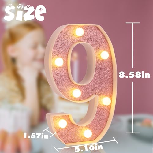 Image of LED Marquee Numbers, Small Light Up Numbers for Party, 8.58 Inch Battery Powered Lighted Number for Birthday, Night Light, Table or Home Decor (Pink Glitter, Number 9)