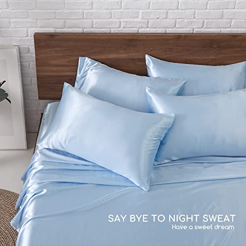 Image of MR&HM Satin Bed Sheets, King Size Sheets Set, 6 Pcs Silky Bedding Set with 15 Inches Deep Pocket for Mattress (King, Light Blue)