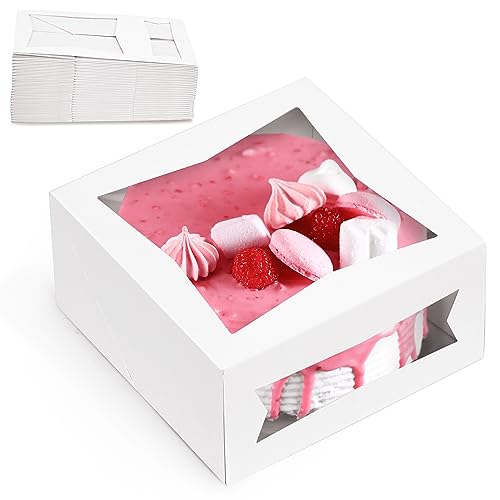 Fit Meal Prep 150 Pack Cake Boxes with Window 8 x 8 x 4 Inches Auto Pop-Up White Bakery Containers for Dessert, Cookies and Pastries, Treat Boxes Gift Packaging Boxes for Valentine's Day, Christmas