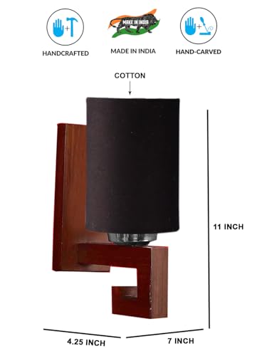 Image of Wall Lamp with Wooden Base (H- 10.9 Inch, Black) Wall Sconce for Bedroom /Living Room, Study Room, Home Office Decor | Decorative Indoor Lighting, Warm Ambient Night Light Lamp | Barrel Shape