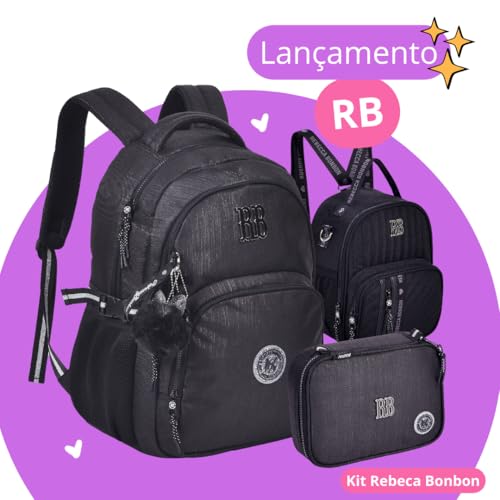 Kit Escolar Mochila Feminina Rebecca Bonbon Costa Preta com Lancheira Térmica e Estojo - RB