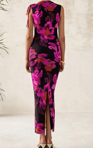 PRETTYGARDEN Women's Summer Maxi Floral Dresses Ruched Bodycon Sleeveless Mesh Formal Wedding Guest Cocktail Split Long Dress