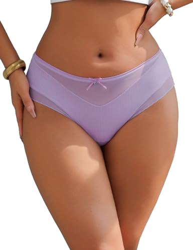 Image of comeondear Soft Brazilian Knickers for Women Mesh Sexy Satin Panties Smooth Cheeky Hipster Stretchy Tanga Briefs Ladies Bowknot Underwear Thongs Purple Plus Size 10