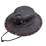BLUEGLORY Ethnic Style UV Protection Bucket Hat – Wide Brim Floral Adjustable Washed Sun Hat for Men & Women, Perfect for Fishing & Hiking (Black)