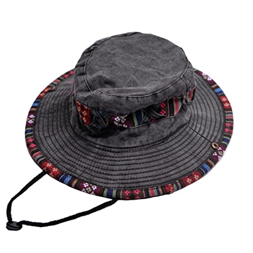 BLUEGLORY Ethnic Style UV Protection Bucket Hat – Wide Brim Floral Adjustable Washed Sun Hat for Men & Women, Perfect for Fishing & Hiking (Black)