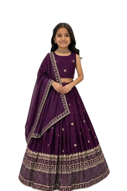 Image of Kids Chiffon Lehenga Choli, Embroidered Elephant and Floral Print, Festive Ethnic Wear with Dupatta